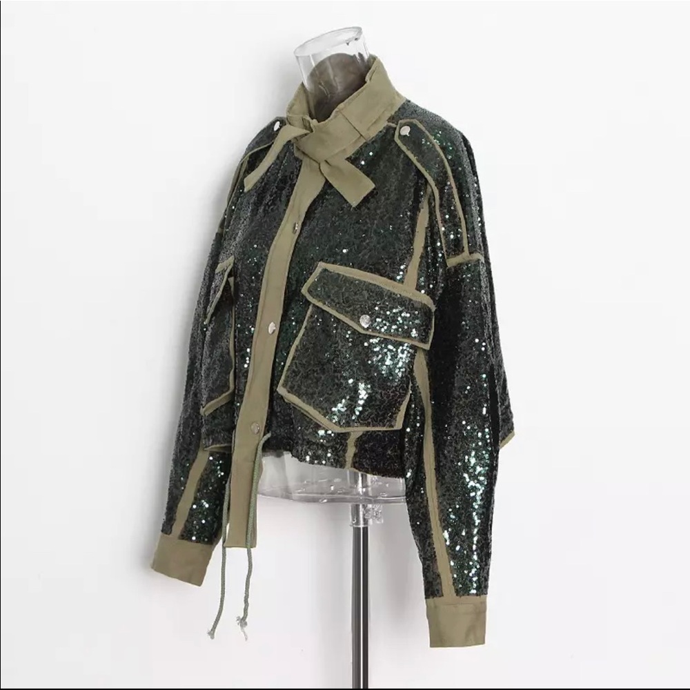 New Fashion Round Neck Loose Zipper Pocket Long Sleeve Sequined Short Coat - Picture 3 of 6